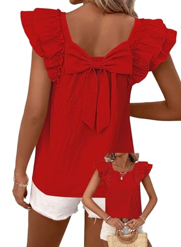 Image of Falechay Womens Bow Tie Back Tops Round Neck Ruffle Short Sleeve Shirts Cute Babydoll Chiffon Tee Women Summer Trendy Tunic