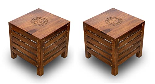 Image of SATTVA Wooden Stools Combo for Living Room & Bedroom | Handmade Mango Wood Furniture with Antique Finish | Multipurpose Sitting Chair, Footrest, Plant Stand, Side Table & Home Decor - Set of 2 (Brown)