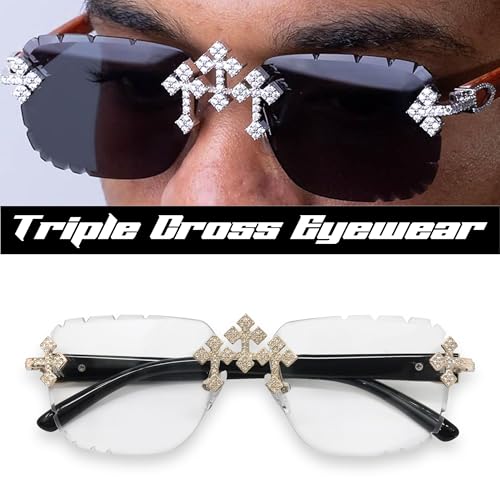 Image of Iced-Out Triple Cross Sunglasses - Frameless Diamond-Cut Luxury Shades for Men & Women | UV400 Hip-Hop Eyewear