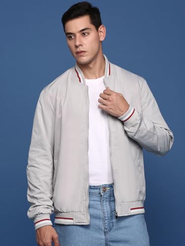 Image of SHOWOFFFF Men Solid Bomber Jacket | Mock Collar Full Sleeves Nylon Jacket for Mens | Slim Fit Jacket for Men's