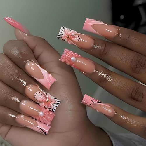 Long Press on Nails with 3D Floral Designs Pink French Tips Fake ...