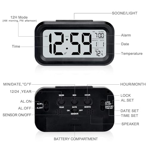 Image of Casa Copenhagen Digital Alarm Clock Table Clock for Students, Home, Office, Corporate with Automatic Sensor, Date & Temperature - Black