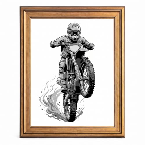 Framed Canvas Wall Art Vector Dirt Bike Rider Wheelie Grayscale Illustration Canvas Print Poster Gold Frame Wall Decor for Boys Bedroom Motocross Decor, Extreme Sport Art - Inch 16x20