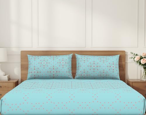 Image of Welspun ENZO Queen Size Fitted Bedsheet with 2 Pillow Covers | 360 Elastic | 100% Pure Cotton | 60 x 78 Inches | Soft, Breathable, Lightweight & Easy Care | Light Blue