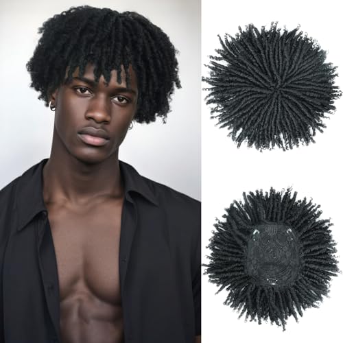 BECUS Dreadlock Hair Topper Hairpiece for Men, Short Afro Clip-In Toupee, Fake Dreads Hairpiece for Thinning Hair, Black, Halloween Cosplay Party Costume(Black Topper)
