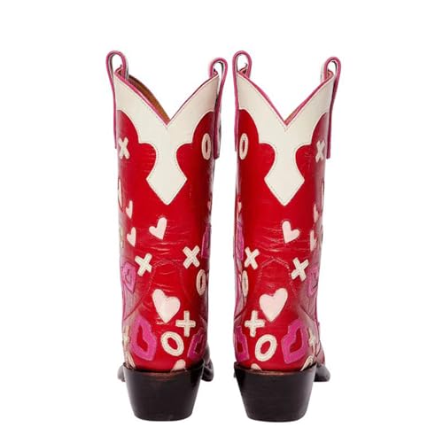 Western Cowboy Boots for Women Mid Calf Chunky Heel Love Heart Embroidery Lipstick Red Booties 7