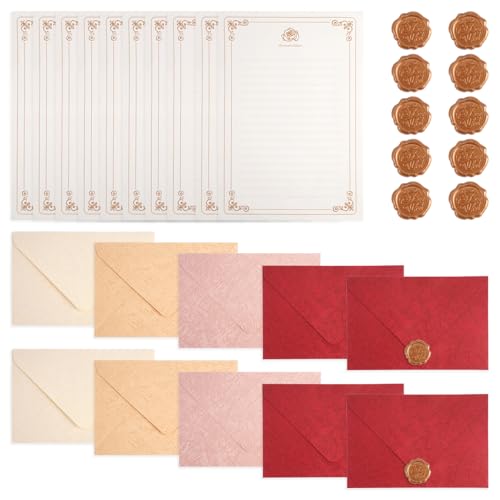 Dhisperares - 30 Pièces L'ensemble de Papeterie Vintage Papier, 10 Enveloppes, 10 Feuilles de Papier à Lettres A5 à Motif et 10 Cachets de Cire pour Les Invitations de Mariage, Lettres D'amour et Cartes de Vœux