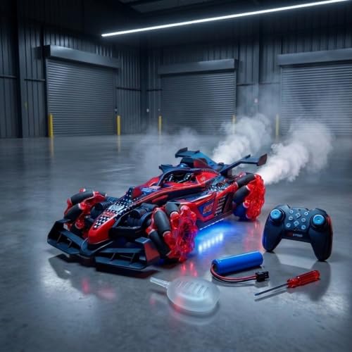 Image of Remote Control Stunt Drift Car with Double Spray Mist, 360 Rotation, LED Lights, Music, 2.4GHz RC, Rechargeable Battery, All Terrain Racing Toy Car for Kids Boys & Girls 3+ Years