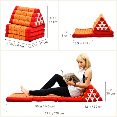 Image of Leewadee 3-Fold Mat with Triangle Cushion - Comfortable TV Pillow, Foldable Mattress with Cushion Made of Eco-Friendly Kapok, 67 x 21 inches, Orange red