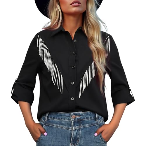 Amazon.com: Prebene Womens Rhinestone Fringe Button Down