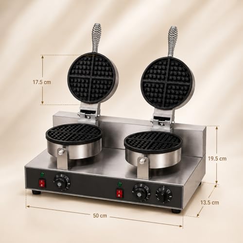 Image of Double Head Round Belgian Waffle Machine, Commercial Electric Waffle Maker Machine, Professional Belgian Waffle Baker for Cafe Bakery