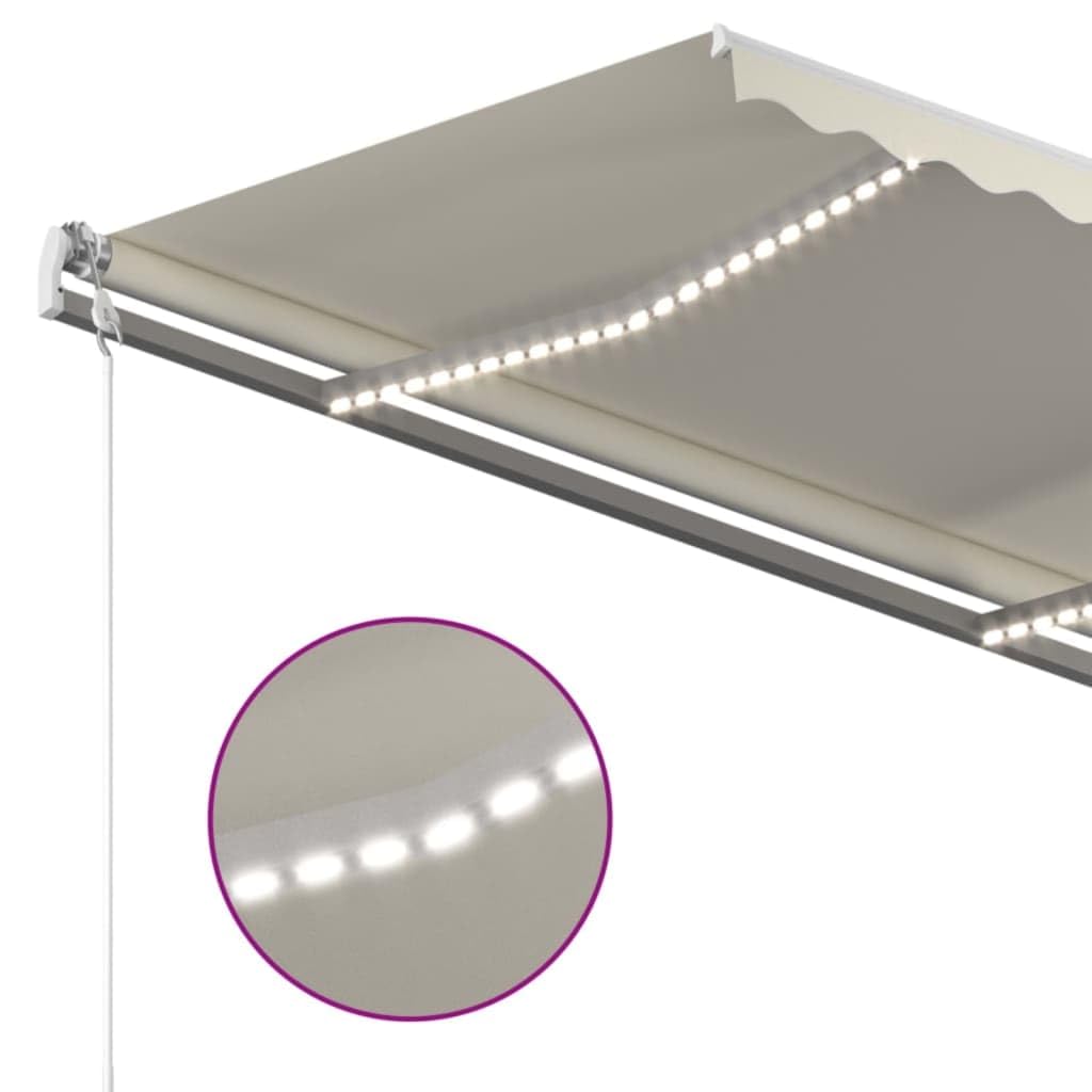 Tenda da sole manuale con braccio articolato, 450 x 350 cm, color crema con LED | Telaio in alluminio verniciato a polvere, poliestere impermeabile, illuminazione a energia solare, funzionamento a manovella