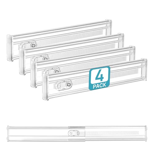 Image of Vtopmart 4 Pack 2.36 inch Short Upgrade Drawer Dividers for Kitchen Drawer, 12.8 inch-22.3 inch Expandable Kitchen Drawer Organizer, Clear Plastic Organizer Separator for Flatware, Utensil, Cutlery, Underwear