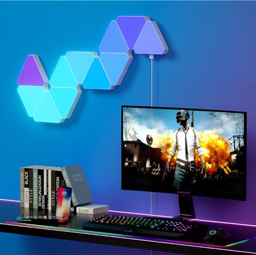 Image of Modular RBG LED Triangle Wall Lights - Touch Control, Color Changing Panels for Home & Gaming Setup - Easy Installation (Pack of 10), Plastic, USB Corded Electric, 5 Volts, White