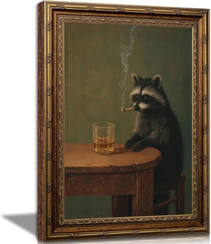 Electrilucn Vintage Gold Framed Smoking Raccoon Canvas Wall Art Moody Humor Raccoon Wall Decor Picture Funny Dark Academia Whimsical Animal Poster Prints for Living Room Bedroom Man Cave Decor 9x11in