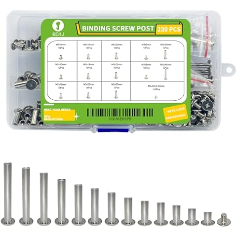 ECKJ 230Pcs(115 Pair) Phillips Chicago Binding Screws Assorted Kit Binding Screw Post Extenders for DIY Leather Decoration Scrapbook Photo Albums M5 x 5/6/8/10/12/15/18/20/22/25/30/35/40mm Silver Cover
