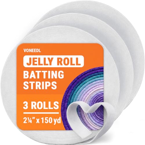 VONEEDL Jelly Roll Batting Strip 2 1/4 Inch x 150 Yards Cotton Blend Batting Roll for Jelly Roll Rugs Throw Rugs Quilting Sewing Projects Braided Rugs 3 Rolls 1mm Thick