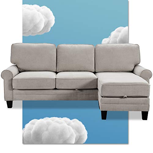 Serta Copenhagen Storage Sofas Two Or Three Person Living Room Couch With Soft Foam-Filled Cushions, Easy-To-Clean Microfiber Upholstery, 86" Reversible Sectional, Chaise Ottoman, Light Gray #TOP4