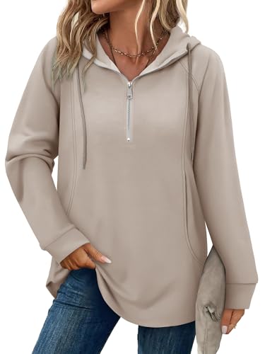 onlypuff Women Hoodie Pullover Trendy Quarter Zipper Lapel Sweatshirts Drawstring Cute Hooded Tunic Tops with Side Pockets