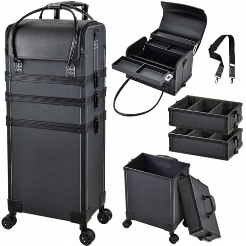 Costravio 5 in 1 Rolling Makeup Case Transformable Train Case, Black Vegan Leather Cosmetology Case on Wheels, Travel Cosmetic Storage Cases for for Hairstylist Artist Nail Beauty Salon Barber