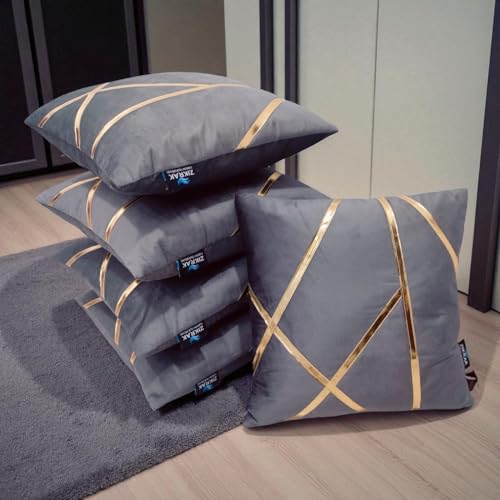 Image of Zikrak Besur Gold Stripe On Velvet|Pack of 5 Cushion Cover|for Home Decoration|Living Room Decor|Hotel Premeuim Quality Cushion Cover|Exclusive ON Amazon (Silver, 26 x 26 INCH(65 X 65 CM))