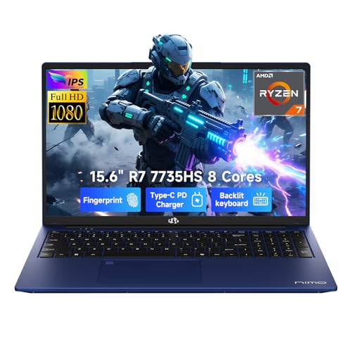 Image of NIMO 15.6 inch IPS FHD Gaming-Laptop, AMD 8 Core Ryzen 7 7735HS 16GB DDR5 RAM 512GB SSD (Beats i7-12650H, Up to 4.75GHz) Computer with Radeon 680M 100W Type-C Backlit Keyboard Fingerprint