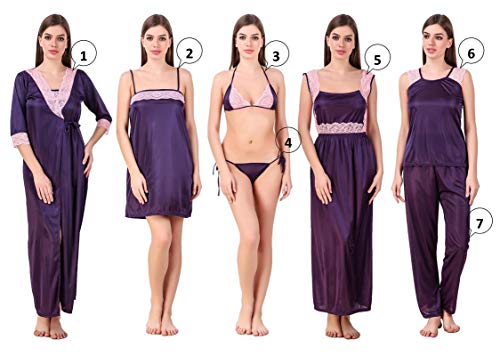 Image of Women's Satin Plain /Solid Nightwear Set Pack of 7