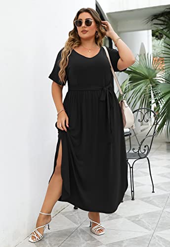 Image of Nemidor Womens Casual Plus Size Tie Waist Slit Long Maxi Dress with Pockets NEM313