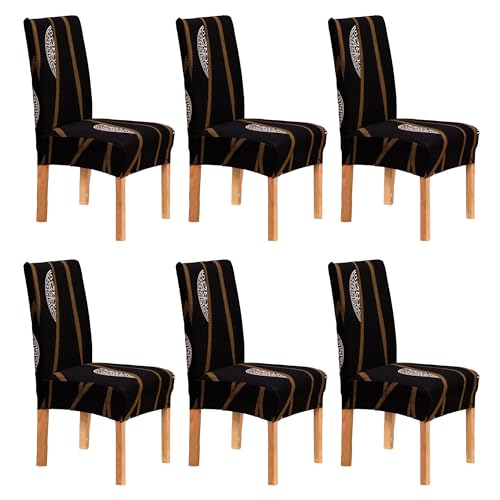 Laurel & Mason Dining Room Chair Covers Set of 6, Chair Protector Slipcovers for High Back Chairs, Stretch Washable Removable Seat Cover for Home Hotel Restaurant (Black & Gold)