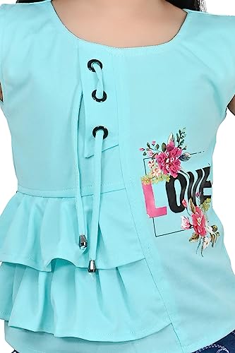 Image of Zenat Girls Polycotton Regular Fit Printed Round Neck Half Sleeve Casual Wear Top & Pant Set (Sky Blue 4-5 Years)