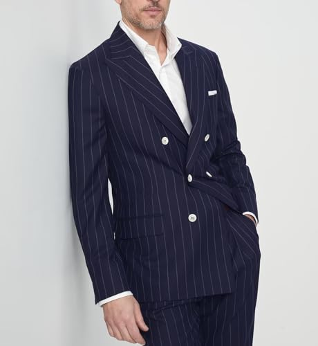 Wangyue Men's Pinstripe Suit Slim Fit 2 Pieces Double-Breasted Blazer Pant for Wedding Business3