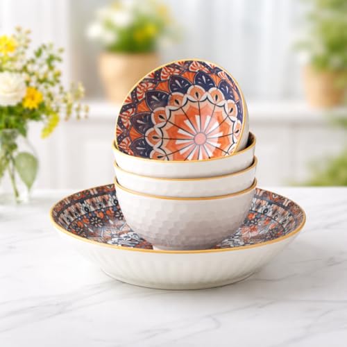 Image of 6-Piece Ceramic Dinner Set, 2 Plates & 4 Bowls, Microwave Safe, Dishwasher Safe, Floral Dinnerware (Orange MANDLA, 2 Plate & 4 Bowl Set)