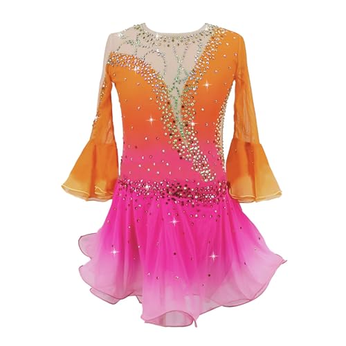 Girls' Sparkling Figure Skating Dress for Competitions, Women's High Elasticity Handmade Ice Skating Dress(XX-Large) Orange