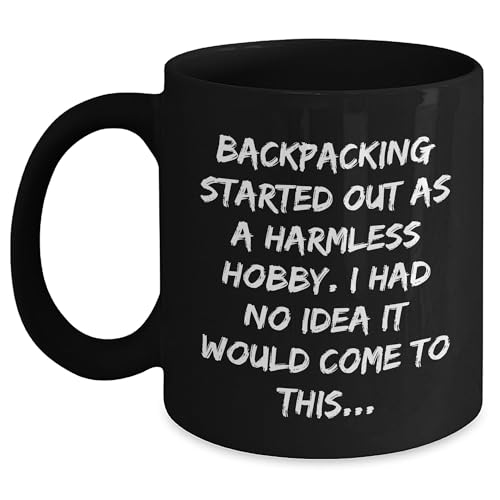 Backpacking Adventure Black Coffee Mug, Funny Quote + Christmas Unique Gift