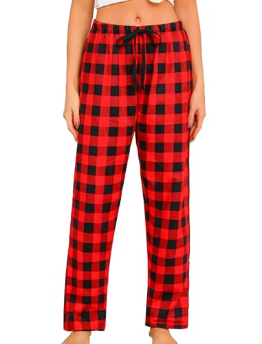 MIA LUCCE Pantalones de pijama para mujer, pantalones a cuadros para mujer, Rojo Negro Cuadros, M