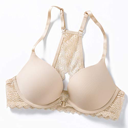 Image of DOBREVA Women's Push Up Bra Front Closure Racerback | Lace Back, Padded, Plunge, Tshirt, Cleavage, Sexy, Date, Soft, Everyday, Supportive