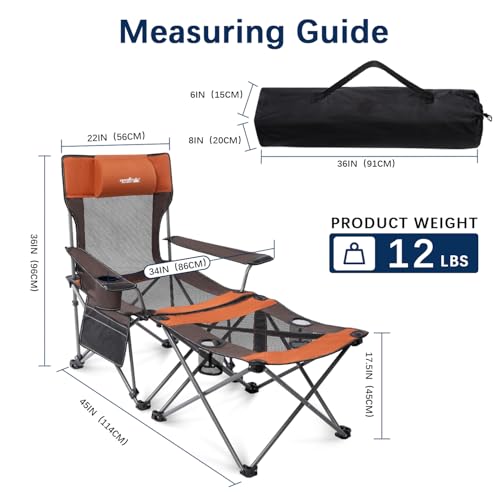 Image of apollo walker Reclining Beach Chair, Adjustable 90-135 Backrest Camping Lounge Chairs for Adults, Folding Chair with Foot Rest & Detachable Pillow - Upgraded 8-Leg, Orange