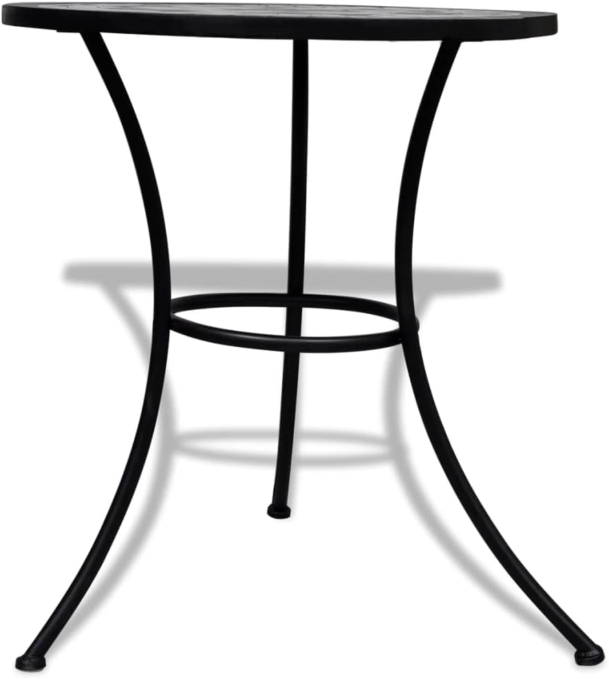 Black and White Tough Powder-Coated Iron Garden Table with Round Ceramic Mosaic Top for Outdoor Patio Balcony Decor Bistro Set