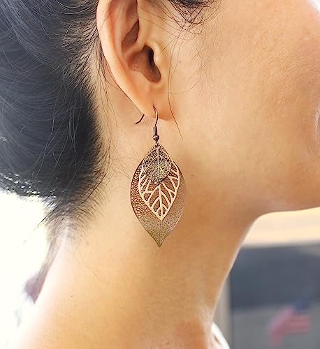 Pomina Choco Gold Fashion Fall Leaf Boho Earrings Gold Silver Two Tone Filigree Leaf Dangle Drop Earrings For Women Girls (Chocogold_Earrings) #TOP1