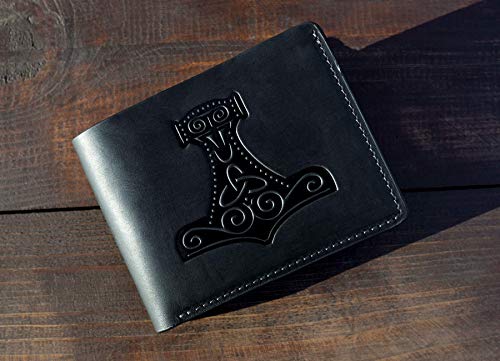 Genuine 100% Real Leather Handmade Wallet -Wallet for Men - Viking Accessories Men Nordic Gifts Thor Mjolnir Hammer Embossed Wallet - Mens Wallets Bifold Leather - RFID Blocking Black Leather Wallet km2
