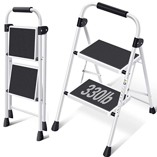 KINGRACK 2-stufige Leiter, faltbare stabile Stahlleiter, kleine Leiter mit Griff, leichte tragbare Trittleiter für Küche, Zuhause, Garten, Haushalt, Büro, weiß