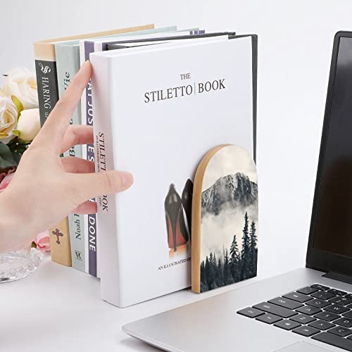 Hon-Lally Forest Tree Foggy Mountain Pattern Wood Bookends Decorative Bookend Non-Skid Office Book Stand For Books Office Files Magazine, One Size #TOP5