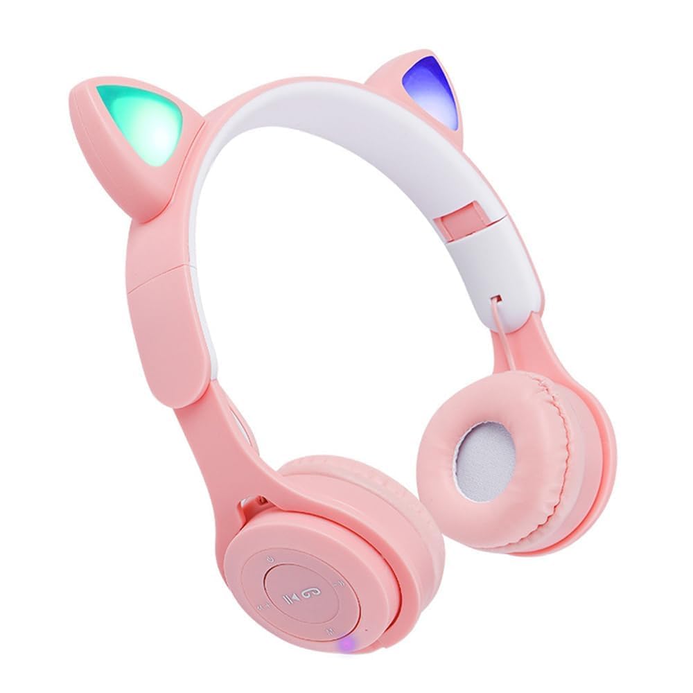 Joyzzz Cat Ear Kids Headphones, Cat Ear Kids Headset, Bluetooth 5.0 Wireless Cat Ear Kids Headphones, Foldable Cat Ear Headphones with Mic and LED Light (Pink)