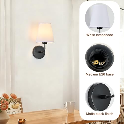 Image of Hardwired Wall Sconces Set of 2,Black Finish with White Fabric Shades,Small Indoor Wall Decor Lamp for Living Room Bedroom Bathroom