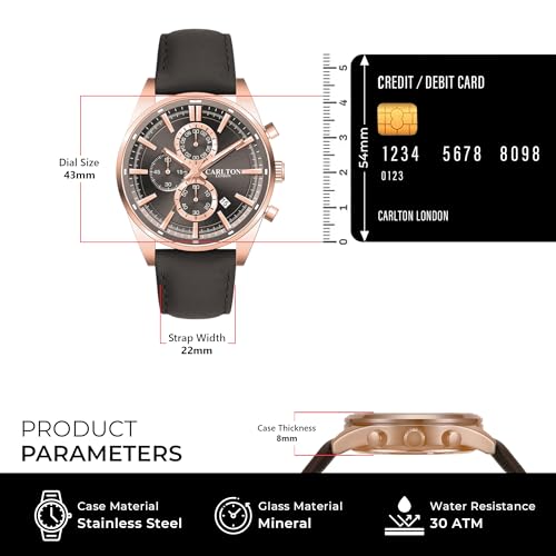 Image of Carlton London Windsor Men Analog Watch, Round Dial, Leather Strap, Quartz Movement, 43 mm Case, Slim Design, Lightweight Comfort, 30M Water Resistant, Casual Formal Wear