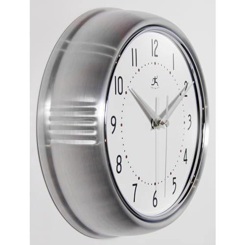 Infinity Instruments LTD. Retro 9 inch Silent Sweep Non-Ticking Mid Century Modern Kitchen Diner Wall Clock Quartz Movement Retro Wall Clock Decorative (Silver)…