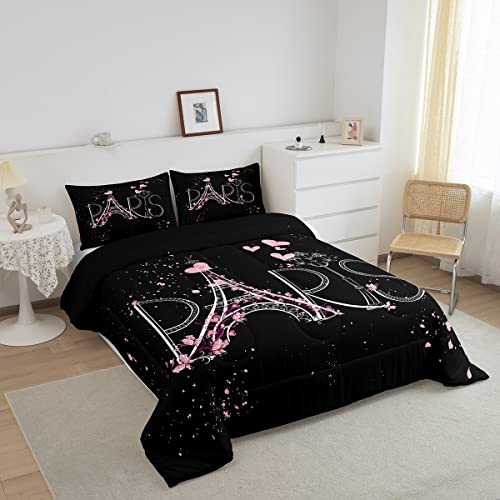 Eiffel Tower Comforter Set Chic Paris Bedding Set Romantic Theme Comforter For Boys Girls Children Teens Black Pink Bedroom Decor Modern French Style Duvet Set Queen Size With 2 Pillow Case #TOP1