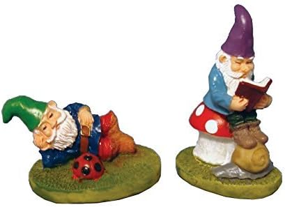 SET OF 2 FAIRY GARDEN MINIATURE LAZY GNOMES ONE IS SNOOZING THE OTHER READING