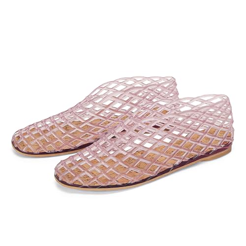 Image of Pink Jelly Mesh Ballet Flats for Women Adult Clear Hollow Jelly Sandals Closed Toe Beach Ballerina Jellies Shoes Comfortable Fishnet Ballerina Flats