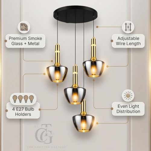 Image of Set of 4-Heads Tapered Cone-Shaped Glass Hanging Pendant Light|Modern Frustum Cluster Ceiling Lamp with Metal Base|Smoke-Glass for Living Room, Dining & Cafe